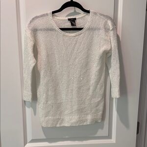 Ann Taylor White Sequin Crew Neck Sweater with 3/4 Sleeves